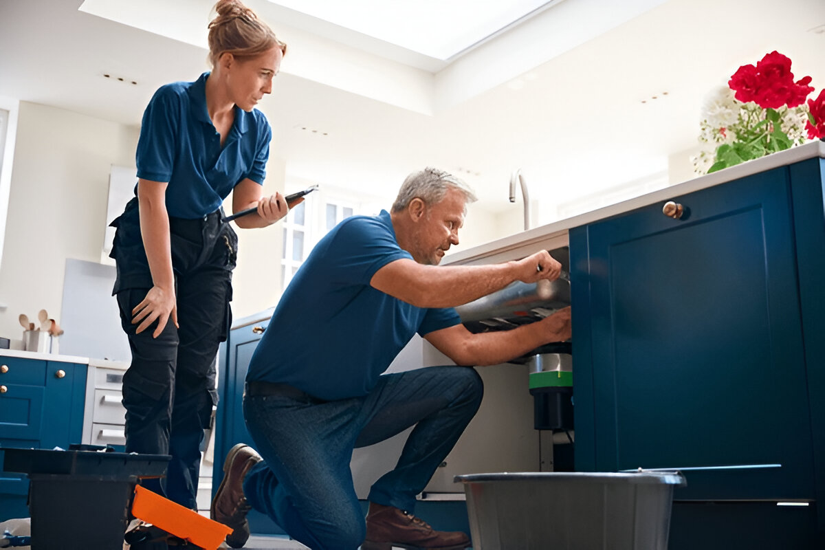 24-hour-plumbing-service-in-bucks-county-f_image Two certified plumbers working on a kitchen sink installation, one kneeling and inspecting under the sink while the other stands with a clipboard, surrounded by modern kitchen cabinetry and tools.