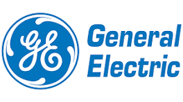 GE logo featuring a white cursive ‘GE’ monogram inside a blue circular background with decorative swirls.